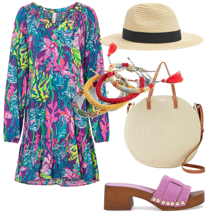 Outfit donna - Festa in piscina. Stile Boho per Serata fuori. Abbinamento con vestiti, braccialetti, borse a tracolla, cappelli, zoccoli.