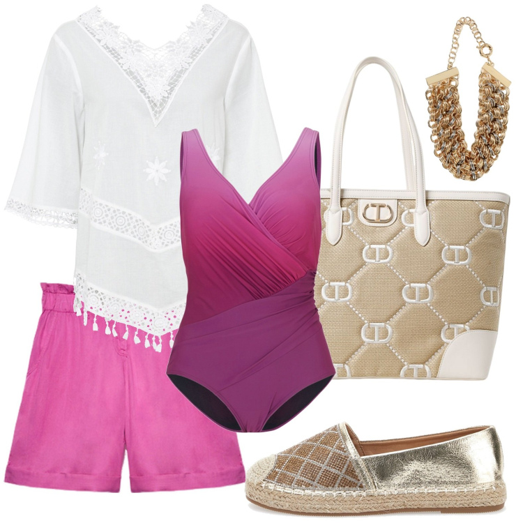 Outfit donna - Curvy fashion in spiaggia. Stile Bon Ton per Mare. look ideale per Petite. Abbinamento con tuniche, costumi interi, espadrillas, borse tote, pantaloni corti, collane.