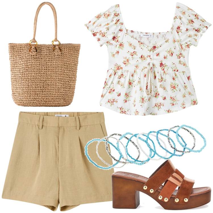 Outfit donna - Coi pantaloni corti. Stile Boho per Mare. Abbinamento con shopping bag, braccialetti, bermuda, bluse, zoccoli.