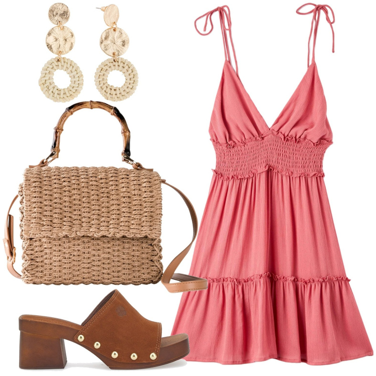 Outfit donna - Stile boho -chic - party in piscina. Stile Boho per Tutti i giorni. look ideale per Petite. Abbinamento con orecchini, borse a mano, vestiti corti, zoccoli.
