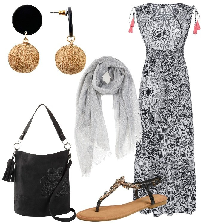 Outfit donna - Stile boho-chic per un evento. Stile Boho per Serata fuori. Abbinamento con borse a mano, orecchini, vestiti lunghi, sandali gioiello, sciarpe.