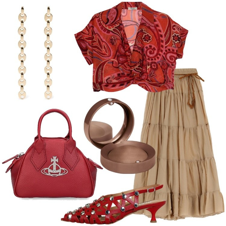Outfit donna - Una serata divertente. Stile Etnico per Serata fuori. Abbinamento con ombretti, gonne lunghe, sandali col tacco, canottiere, borse a mano, orecchini.