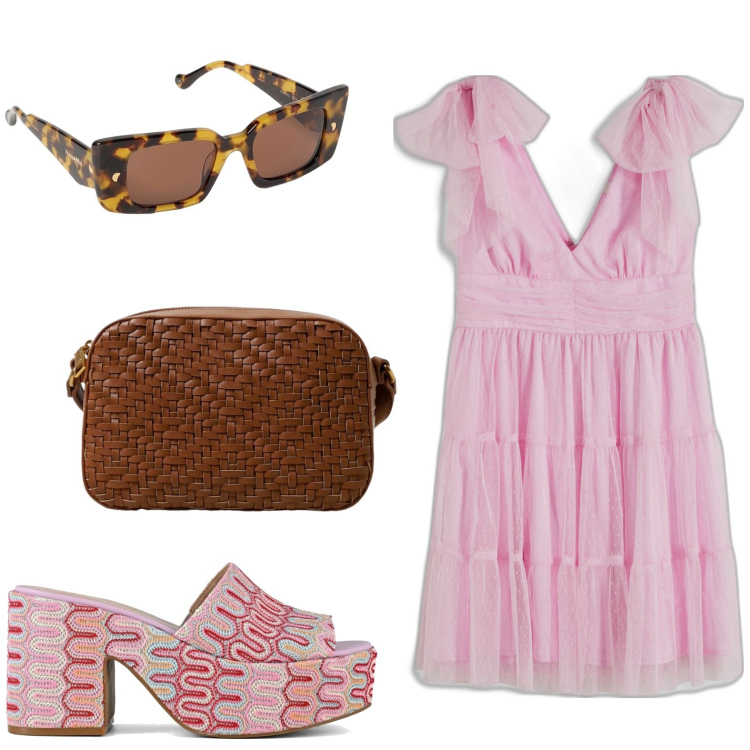 Outfit donna - Stile boho-chic festa di compleanno. Stile Boho per Tutti i giorni. look ideale per Petite. Abbinamento con vestiti, sabot, borse a tracolla, occhiali da sole.