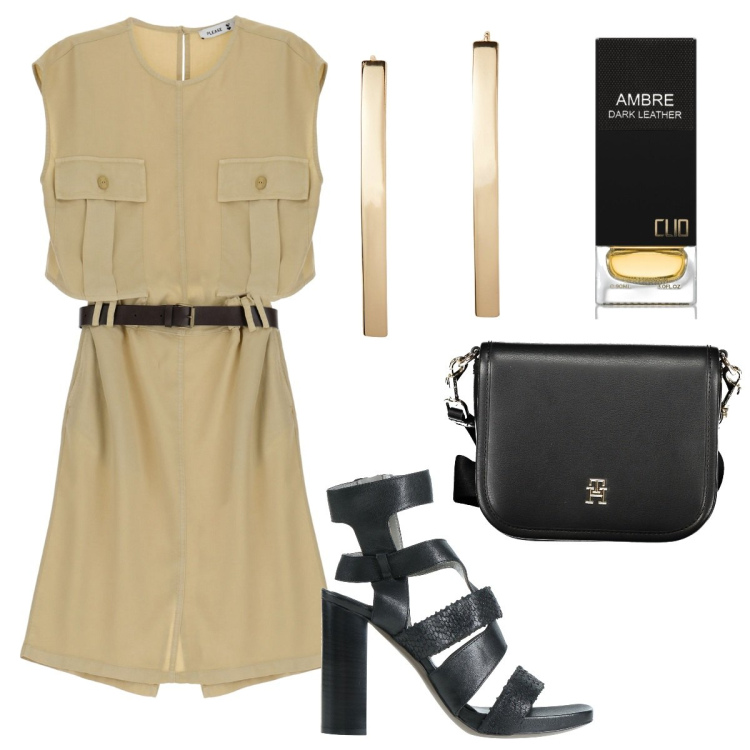 Outfit donna - Safari urbano. Stile Trendy per Serata fuori. Abbinamento con sandali in pelle, profumi, vestiti midi/longuette, orecchini, borse a tracolla.