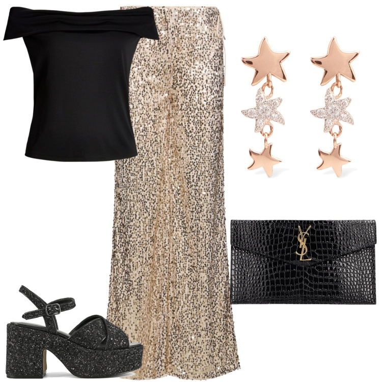 Outfit donna - Cena sotto le stelle. Stile Chic per Serata fuori. Abbinamento con top, sandali, pochette, pantaloni, orecchini.