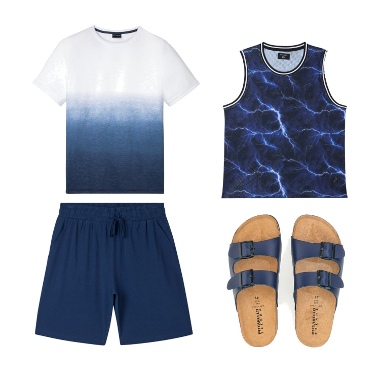 Outfit uomo - Family day!!!. Stile Casual per Tutti i giorni. Abbinamento con t-shirt, canottiere, pantaloni corti, sandali.