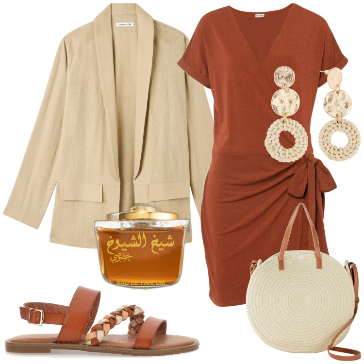 Outfit donna - Blazer colore sabbia x le sere d\'estate. Stile Glamour per Serata fuori. Abbinamento con vestiti, orecchini, borse a tracolla, profumi, blazer, sandali.