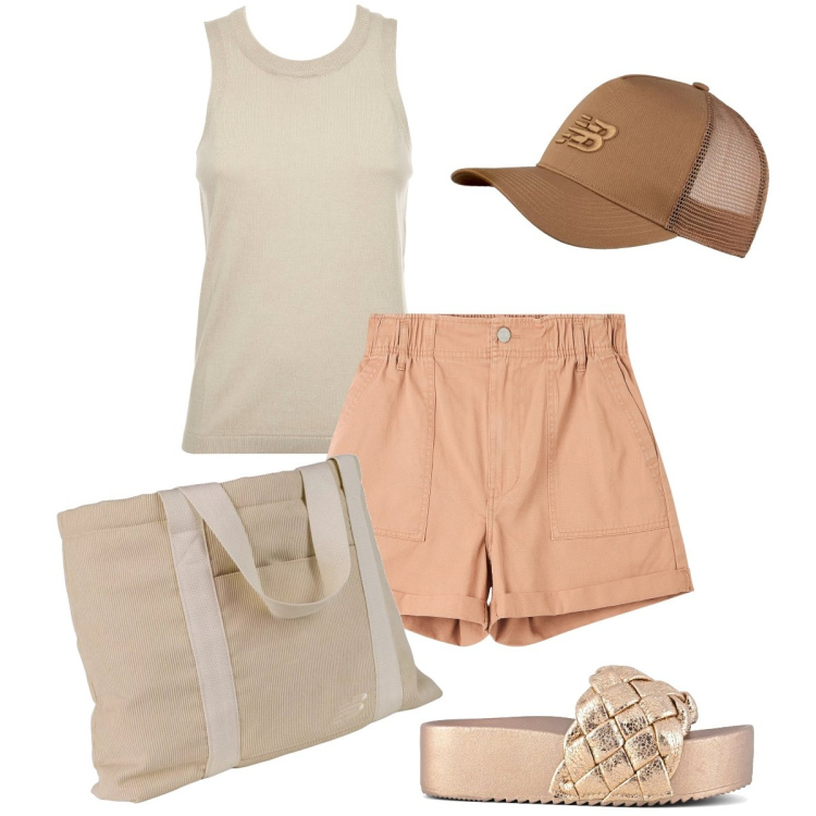 Outfit donna - Le ciabattone rosé. Stile Basic per Mare. Abbinamento con shopping bag, cappelli con visiera, shorts, sandali, top.