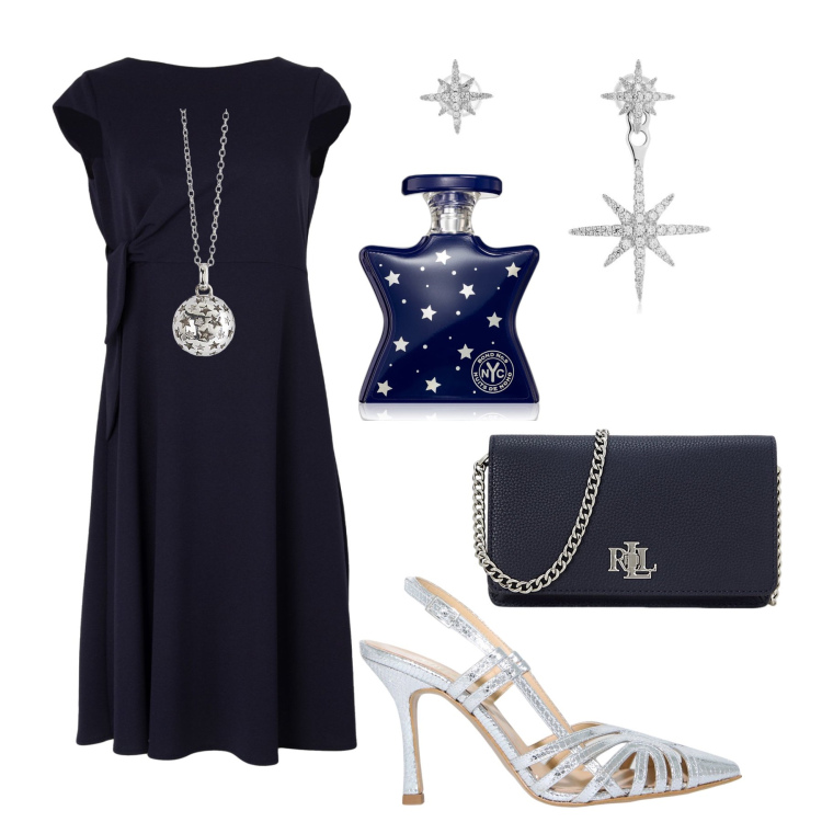 Outfit donna - Cena blu notte e le stelle le porto io !. Stile Chic per Serata fuori. Abbinamento con profumi, ciondoli, sandali in pelle, borse a mano, vestiti midi/longuette, orecchini.