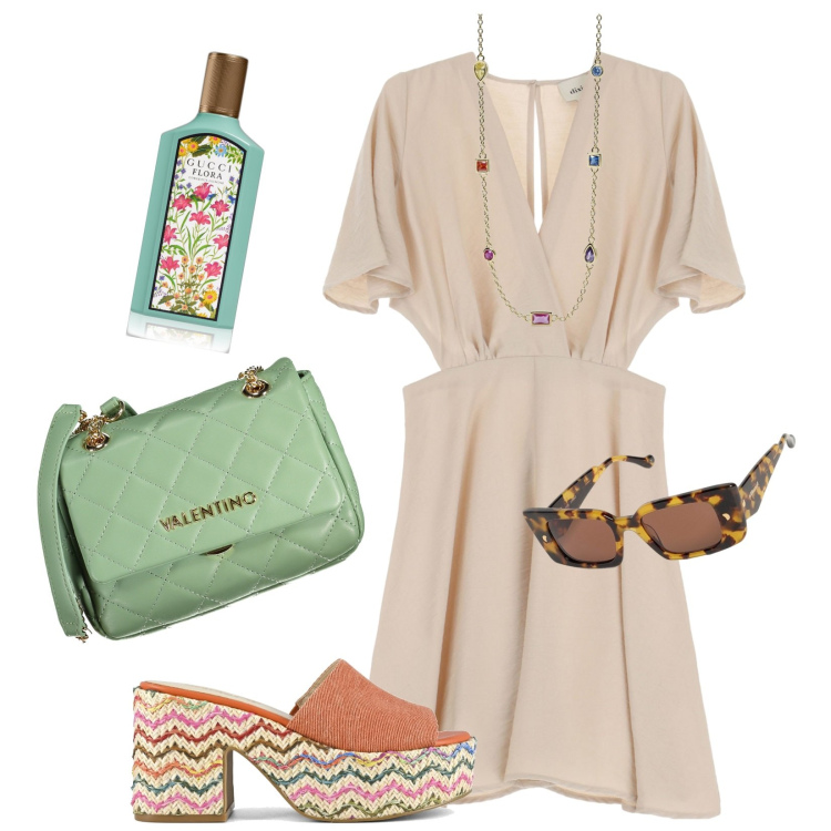 Outfit donna - Total look #1929939. Stile Casual chic per Tutti i giorni. Abbinamento con profumi, collane, vestiti midi/longuette, sandali, occhiali da sole, borse a tracolla.