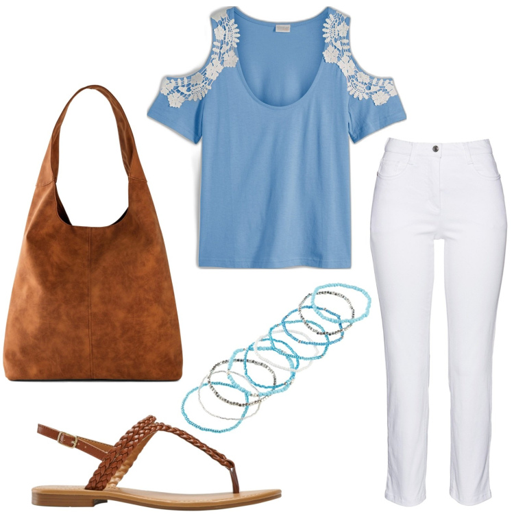 Outfit donna - Summer essentials - crochet macramé. Stile Basic per Tutti i giorni. look ideale per Petite. Abbinamento con braccialetti, maglieria, pantaloni, ciabatte, shopping bag.