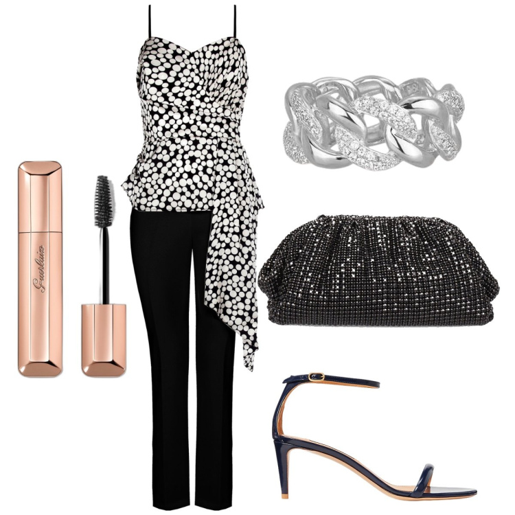 Outfit donna - La pochette lurex. Stile Chic per Serata fuori. Abbinamento con mascara, anelli, tute, sandali col tacco, pochette.