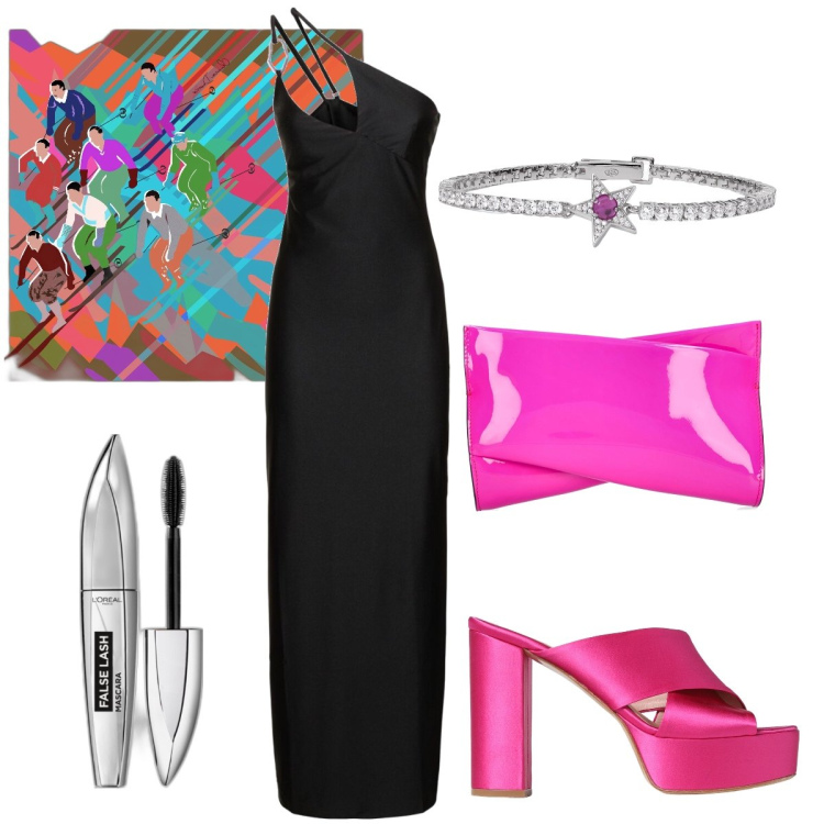 Outfit donna - Un foulard eccentrico. Stile Glamour per Serata fuori. Abbinamento con mascara, braccialetti, vestiti asimmetrici, sandali in pelle, pochette, foulard.