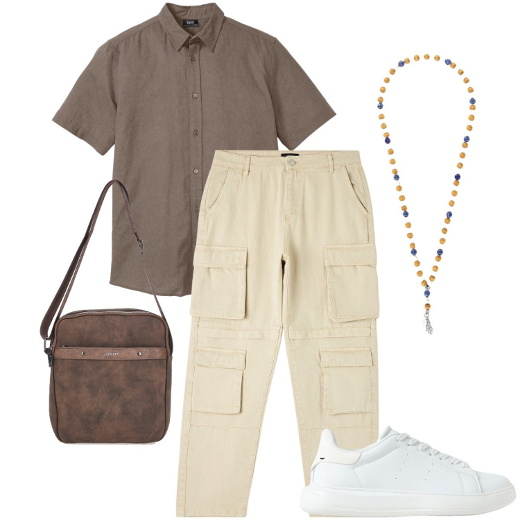 Outfit uomo - La camicia marrone. Stile Casual per Tutti i giorni. Abbinamento con camicie a manica corta, pantaloni cargo, collane, sneakers, portafogli.