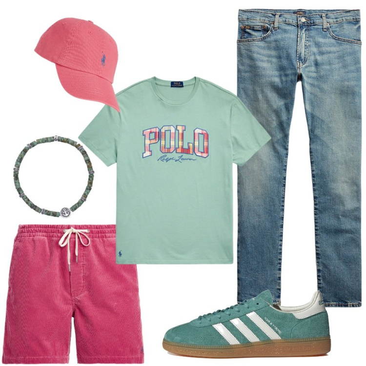 Outfit uomo - La t-shirt Polo Ralph Lauren. Stile Casual per Tutti i giorni. Abbinamento con braccialetti, jeans, polo, t-shirt, cappelli, sneakers.