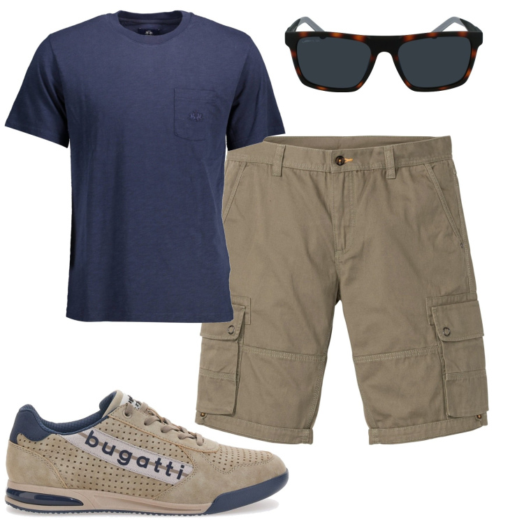 Outfit uomo - Estate. Stile Urban per Tutti i giorni. Abbinamento con bermuda, t-shirt, sneakers, occhiali da sole.