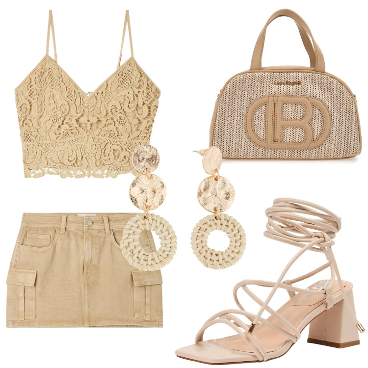 Outfit donna - Total look #1929983. Stile Glamour per Serata fuori. look ideale per Petite. Abbinamento con orecchini, minigonne, top, sandali alla schiava, borse a mano.