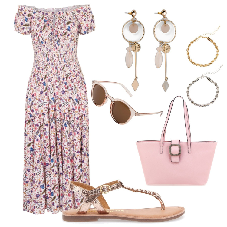 Outfit donna - Festa di compleanno boho-chic. Stile Boho per Cerimonia. Abbinamento con orecchini, occhiali da sole, vestiti, braccialetti, sandali in pelle, borse a spalla.