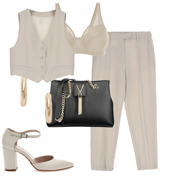Outfit donna - Tortora. Stile Trendy per Tutti i giorni. Abbinamento con reggiseni, pantaloni, gilet, orecchini, borse a spalla, décolleté.