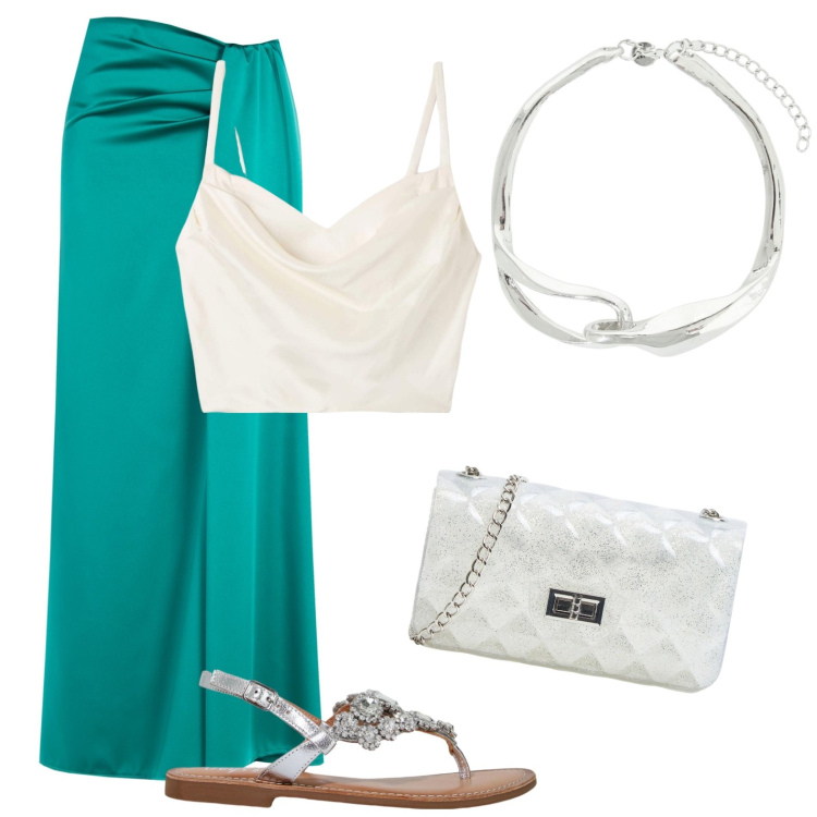 Outfit donna - La gonna azzurra di raso. Stile Chic per Serata fuori. Abbinamento con borse a tracolla, top, gonne lunghe, sandali, collane.