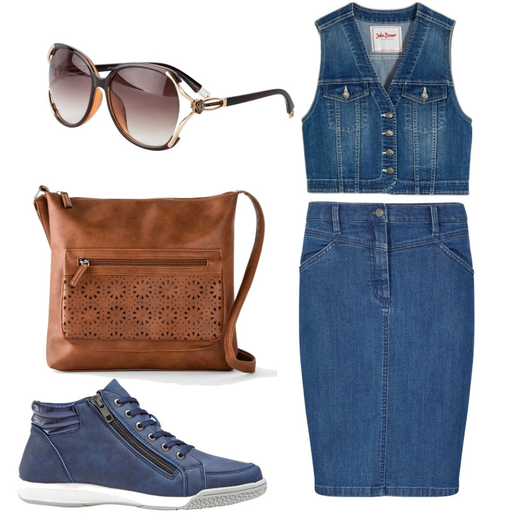 Outfit donna - Summer essentials - total jeans. Stile Basic per Tutti i giorni. look ideale per Petite. Abbinamento con sneakers alte, gonne, borse a tracolla, gilet, occhiali da sole, top.