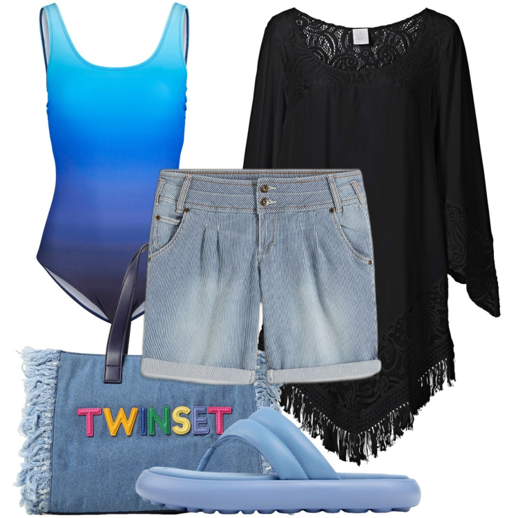 Outfit donna - Porto shorts e kaftano. Stile Casual chic per Mare. Abbinamento con vestiti da spiaggia, shorts, costumi interi, borse a mano, sandali in pelle.