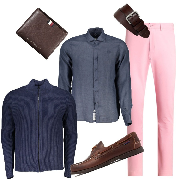Outfit uomo - Pantaloni chino rosa. Stile Trendy per Serata speciale. Abbinamento con cinture, pantaloni chino, portafogli, camicie, cardigans, scarpe stringate.