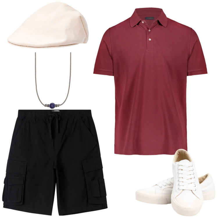 Outfit uomo - Golf club. Stile Casual per Mare. Abbinamento con pantaloni corti, collane, cappelli e berretti, polo, sneakers.