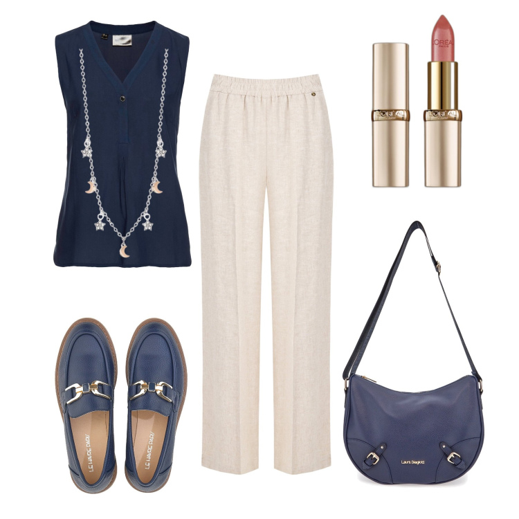 Outfit donna - Pantaloni in lino con i mocassini. Stile Casual chic per Tutti i giorni. Abbinamento con top, rossetti, collane, pantaloni, mocassini, borse a tracolla.