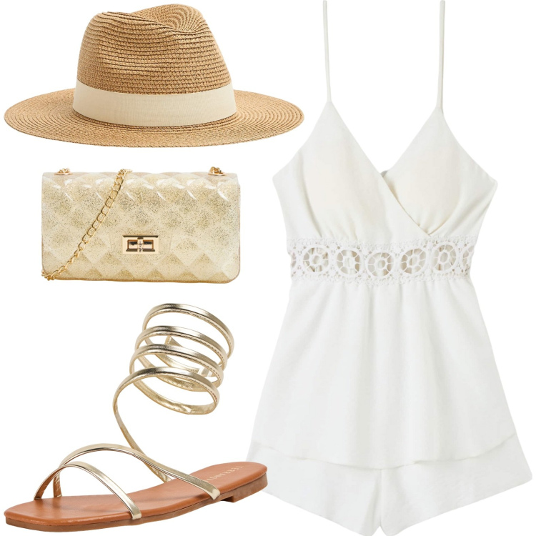 Outfit donna - Terranova - vacanze in riviera romagnola. Stile Basic per Mare. look ideale per Petite. Abbinamento con tuta corta, cappelli, sandali, borse a tracolla.