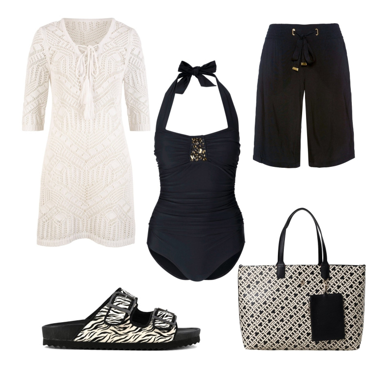 Outfit donna - Dettagli strass e uncinetto. Stile Glamour per Mare. Abbinamento con vestiti da spiaggia, costumi interi, bermuda, sandali, borse a spalla.