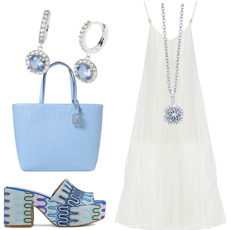 Outfit donna - Notte di san Lorenzo. Stile Boho per Serata fuori. Abbinamento con collane, orecchini, vestiti lunghi, sabot, borse tote.