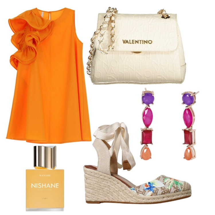 Outfit donna - Passeggiata al tramonto. Stile Casual chic per Serata fuori. Abbinamento con profumi, orecchini, vestiti corti, zeppe, borse a spalla.