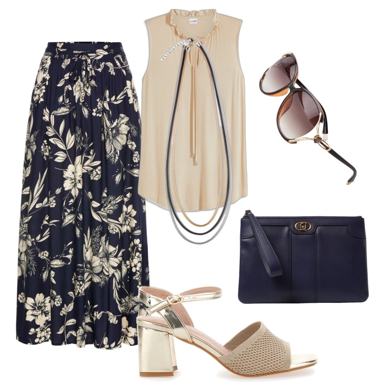 Outfit donna - All’anniversario di pomeriggio. Stile Boho per Cerimonia. Abbinamento con gonne lunghe, occhiali da sole, top, sandali col tacco, collane, clutch.