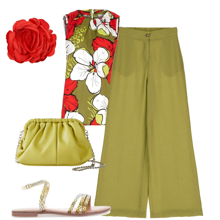 Outfit donna - Summertime. Stile Casual chic per Tutti i giorni. Abbinamento con top, borse a tracolla, pantaloni a palazzo, braccialetti, sandali in pelle.