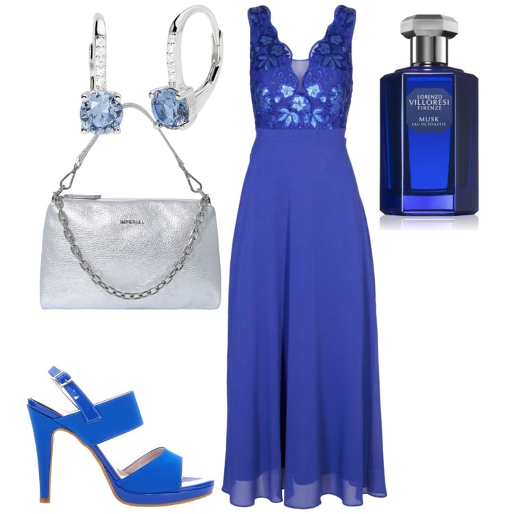 Outfit donna - Notte blu. Stile Glamour per Serata fuori. Abbinamento con vestiti, profumi, orecchini, pochette, sandali col tacco.