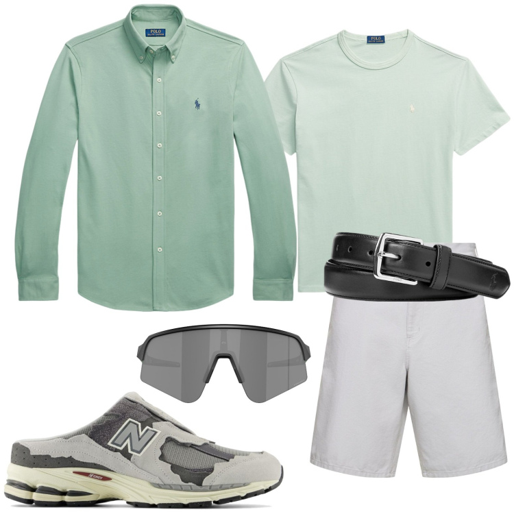 Outfit uomo - Camicia e bermuda. Stile Trendy per Tutti i giorni. Abbinamento con sneakers, cinture, t-shirt, camicie, occhiali da sole, shorts.