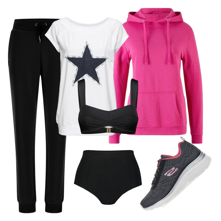 Outfit donna - San Lorenzo al mare. Stile Basic per Serata fuori. Abbinamento con t-shirt, felpe con cappuccio, pantaloni, bikini, sneakers.
