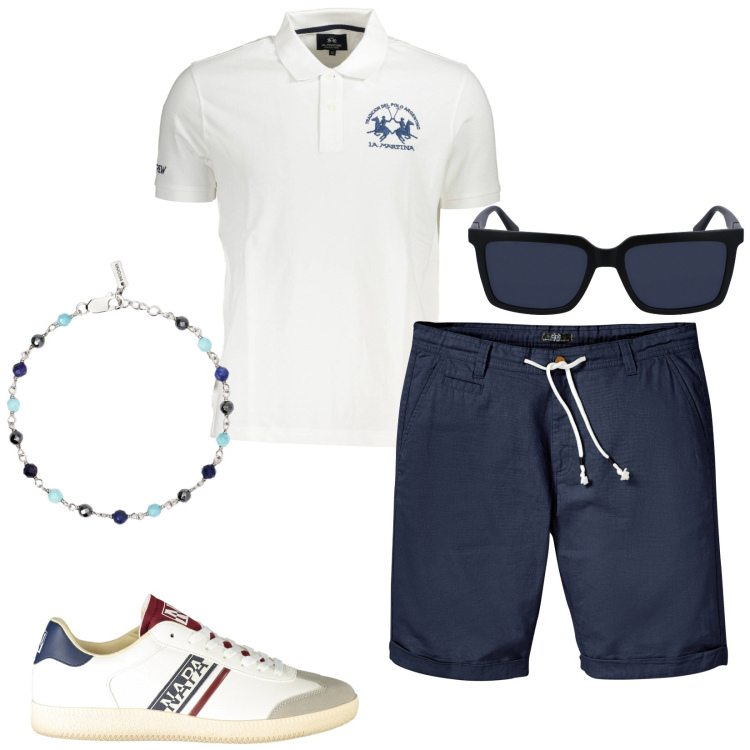 Outfit uomo - My boy. Stile Casual per Tutti i giorni. Abbinamento con bermuda, braccialetti, sneakers, polo, occhiali da sole.
