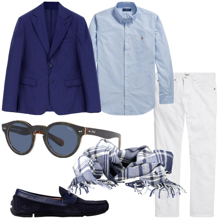 Outfit uomo - Riunione di lavoro. Stile Casual per Tutti i giorni. Abbinamento con giacche, jeans, camicie, occhiali da sole, sciarpe, scarpe stringate.