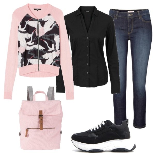 Outfit donna - Basic #17478. Stile Basic per Scuola/Università. Abbinamento con camicie, jeans, zaini, sneakers, bomber jersey.