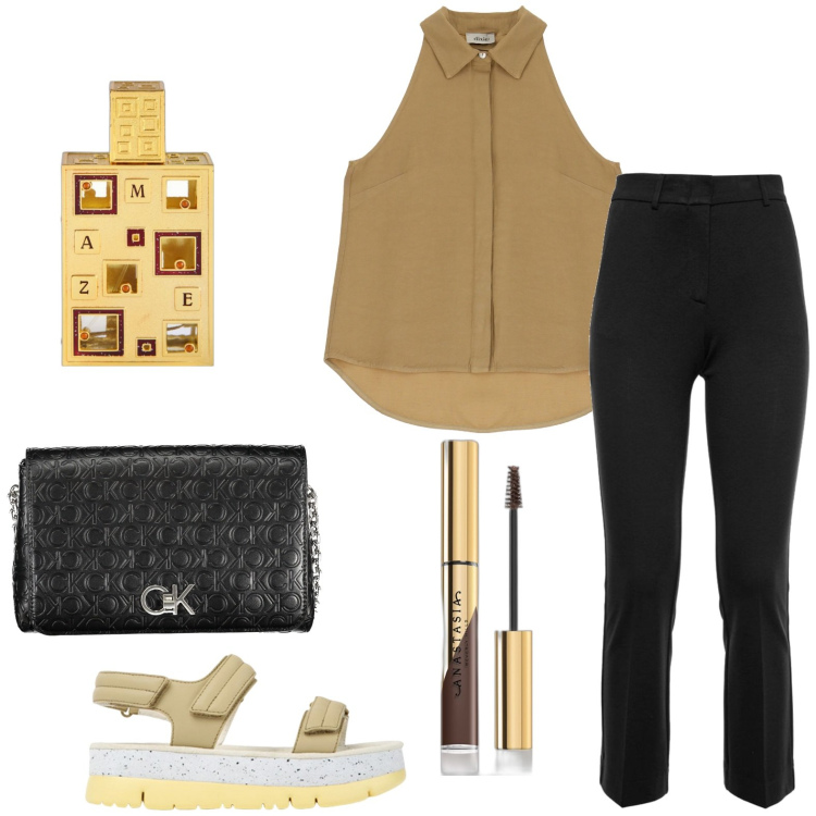 Outfit donna - Pantaloni neri passpartout. Stile Basic per Tutti i giorni. look ideale per Petite. Abbinamento con mascara, profumi, camicie, pantaloni, borse a tracolla, sandali in pelle.