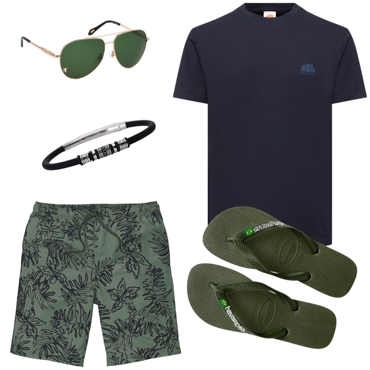 Outfit uomo - In vacanza al mare. Stile Casual Abbinamento con pantaloni corti, braccialetti, sandali, occhiali da sole, t-shirt.
