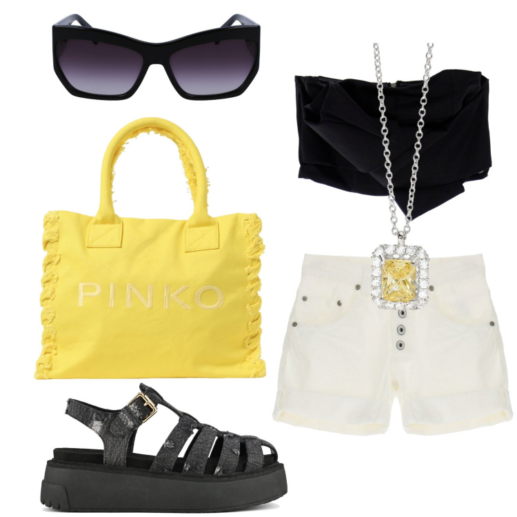Outfit donna - Short per apericena. Stile Basic per Tutti i giorni. look ideale per Petite. Abbinamento con collane, shorts, top, sandali, borse tote, occhiali da sole.