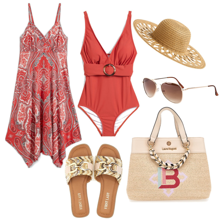 Outfit donna - Classe e stile curvy on the beach. Stile Glamour per Mare. Abbinamento con occhiali da sole, costumi interi, vestiti, cappelli, ciabatte, borse a mano.