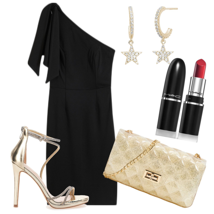 Outfit donna - Abito nero monospalla. Stile Glamour per Serata fuori. Abbinamento con vestiti asimmetrici, rossetti, borse a tracolla, orecchini, sandali col tacco.
