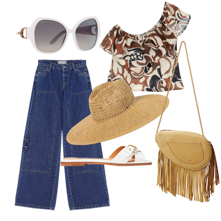 Outfit donna - Ghost outfitter - agosto. Stile Casual chic per Tutti i giorni. Abbinamento con jeans, top, occhiali da sole, sandali col tacco, borse a tracolla, cappelli.
