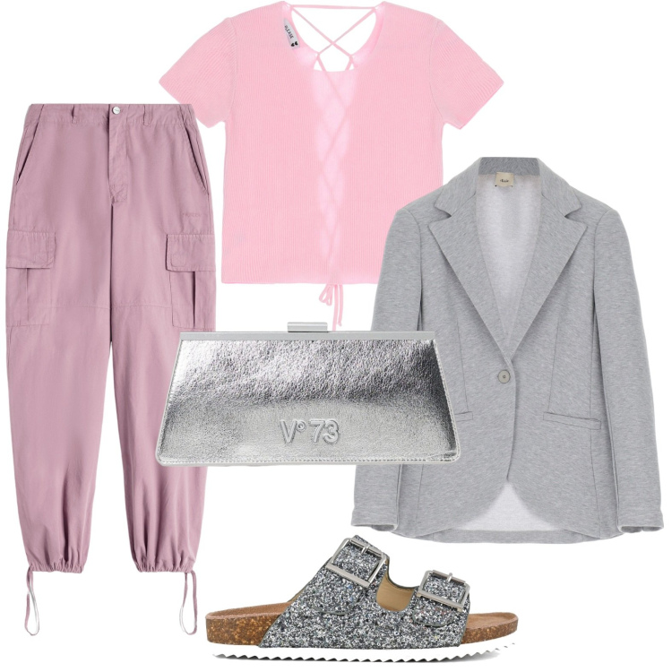 Outfit donna - La giacca grigia formale. Stile Bon Ton per Ufficio. look ideale per Petite. Abbinamento con maglieria, pantaloni cargo, blazer, sandali, clutch.