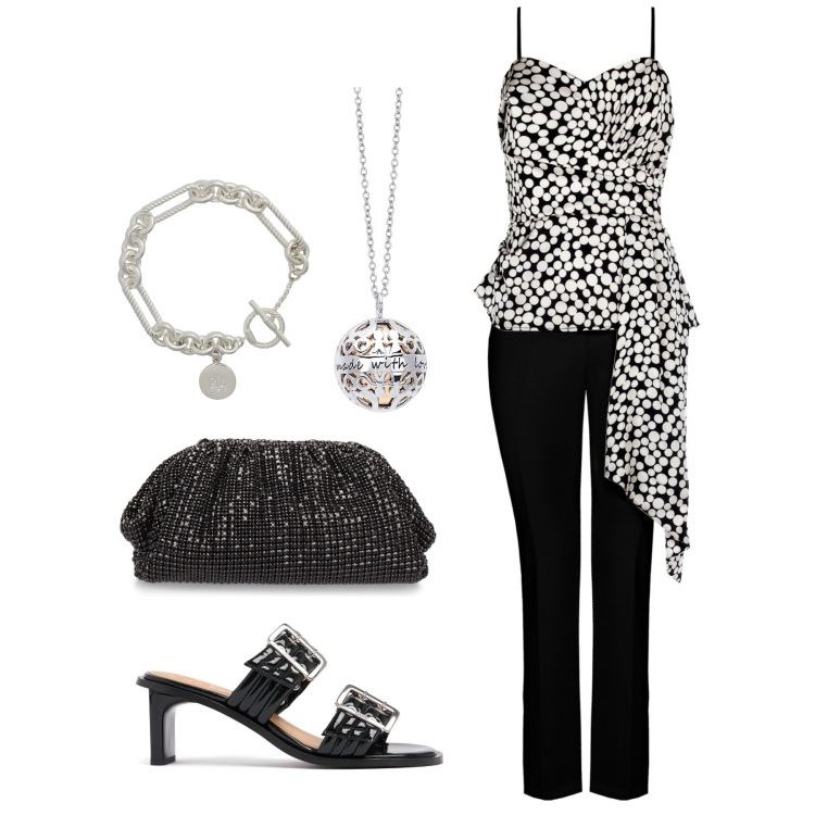 Outfit donna - Ghost outfitter - agosto. Stile Chic per Cerimonia. Abbinamento con collane, tute, braccialetti, pochette, zoccoli.