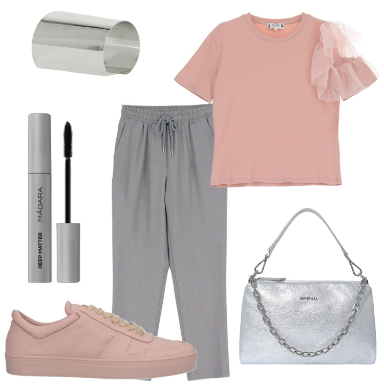 Outfit donna - La t-shirt con dettaglio. Stile Casual per Tutti i giorni. look ideale per Petite. Abbinamento con sneakers, mascara, t-shirt, pochette, pantaloni cargo, braccialetti.